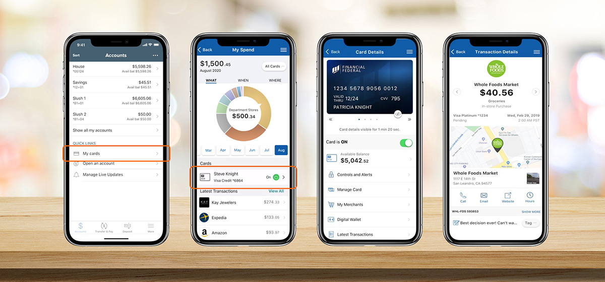 four smartphones showing debit card management screens