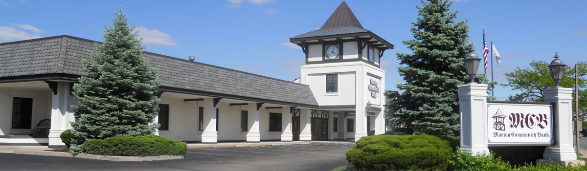 White building with Clock Tower - Morton Community Bank Morton Illinois