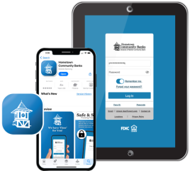 iPhone and tablet with Hometown Banks app icon and Apple logo